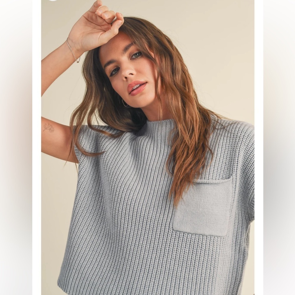 NEW Caracilia High Neck Sweater Knit Crop Cap Sleeve Light Blue Coastal  Medium